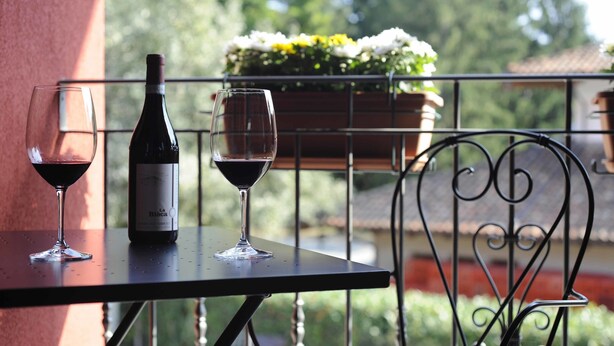 A table with two wine glasses and a bottle on a balcony with a metal railing and potted plants in the background. - Agriturismo La Biòca (Serralunga d'Alba)