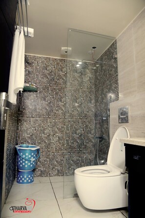 Shower, free toiletries, hair dryer, slippers