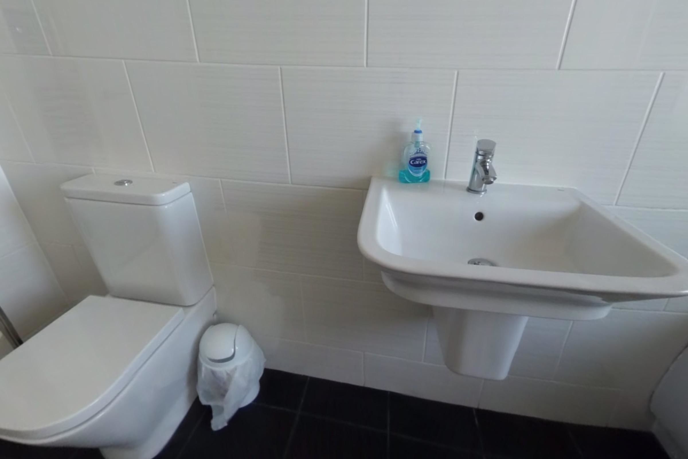 A bathroom with a toilet, sink, and a bottle of hand sanitizer on the sink.