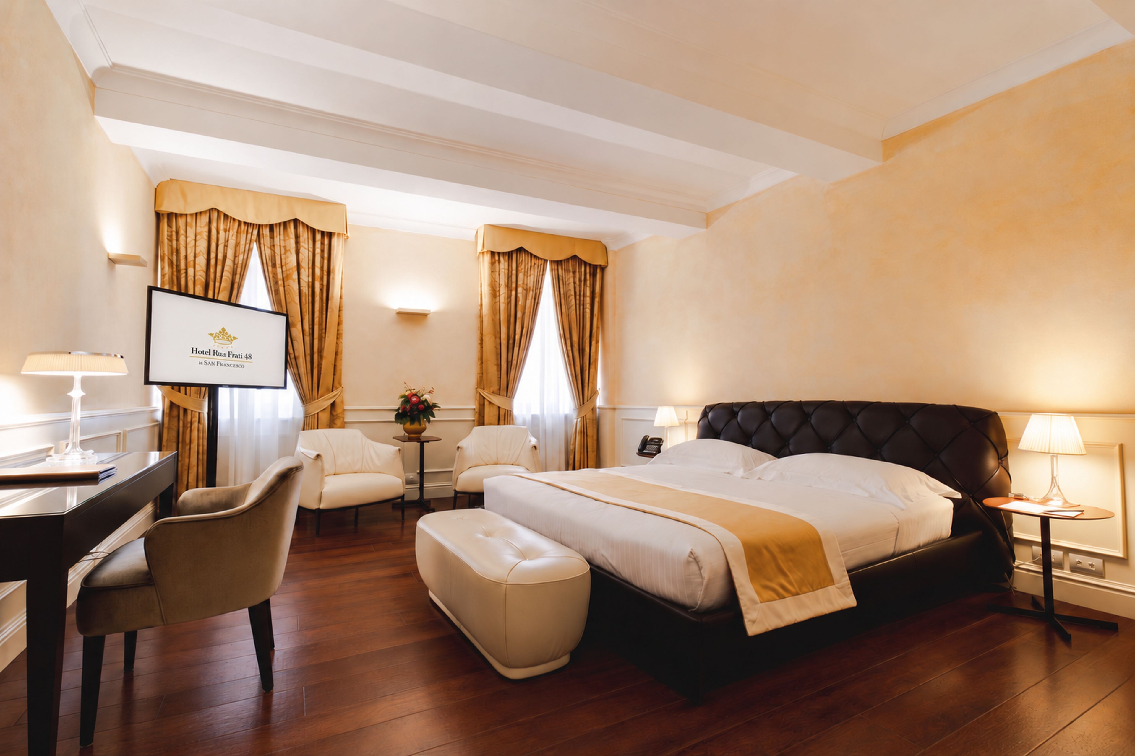 Une chambre d’hôtel avec un lit, un bureau, une chaise, une petite table avec une lampe et un téléviseur.