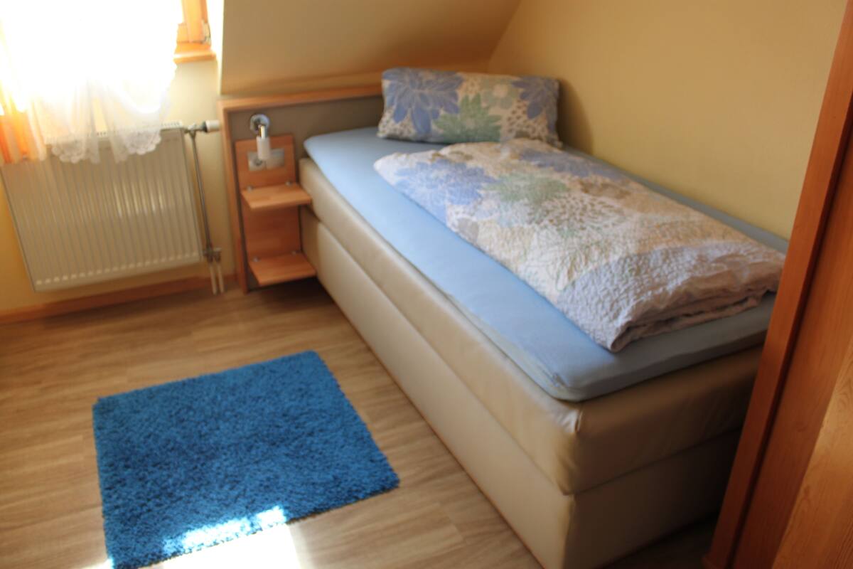 A small, single-bed room with a wooden floor, a blue rug, a bedside table with a lamp, and a radiator.