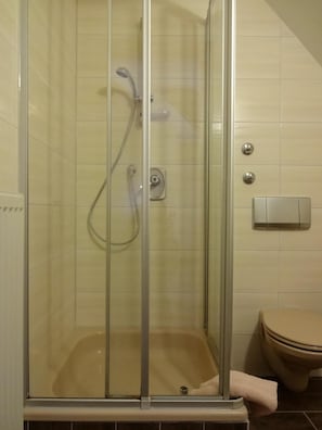 A glass-enclosed shower stall with a handheld showerhead and a wall-mounted control panel. - Hotel Restaurant Hochdorfer Hirschen (Freiburg im Breisgau)