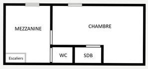 A floor plan with a kitchen (MEZZANINE), bedroom (CHAMBRE), WC, and SDB. - 3* in village center, ski-in/ski-out, spacious 8 pers. (La Clusaz)