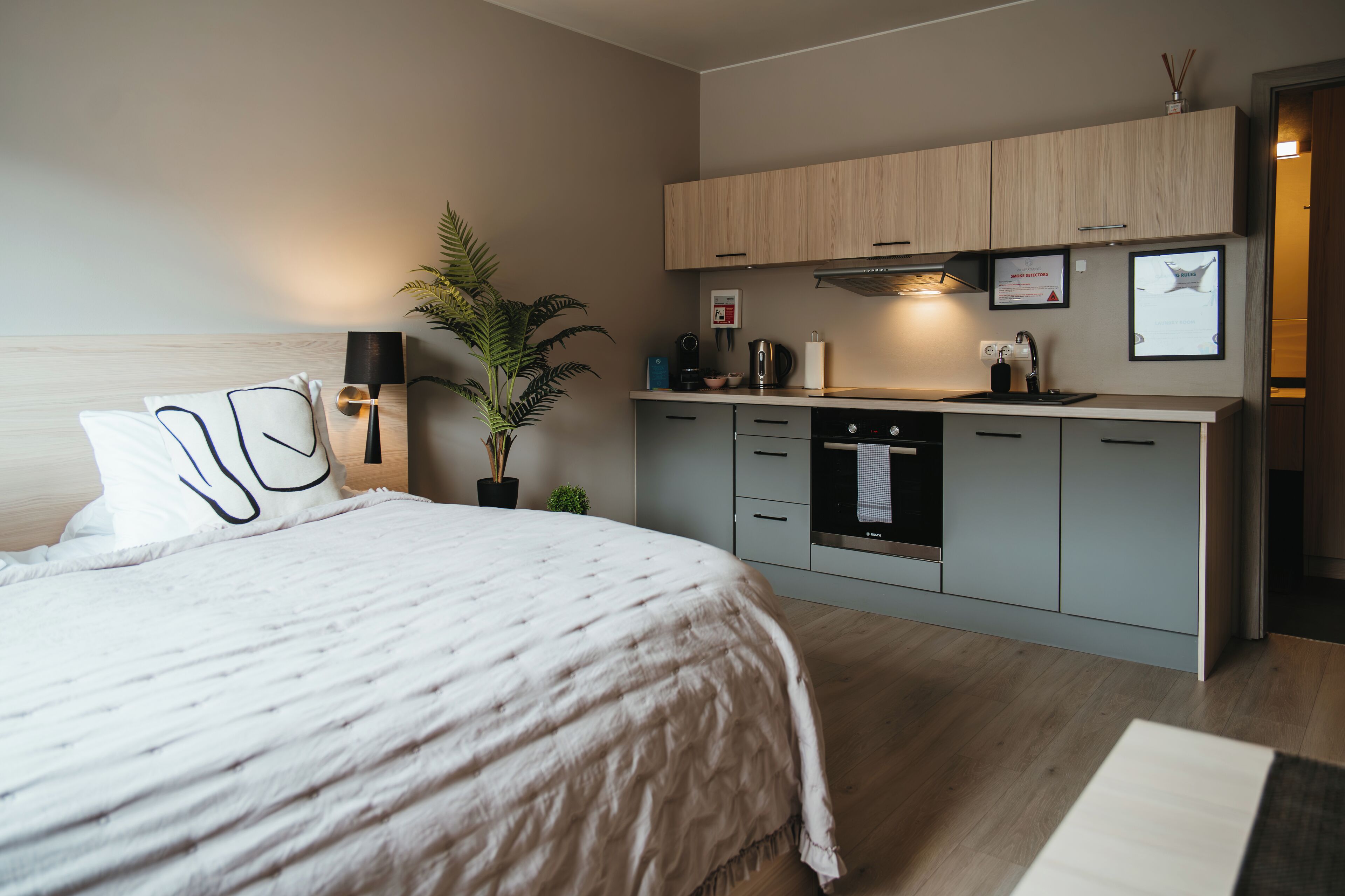 A modern bedroom with a large bed, bedside lamps, and a small potted plant.