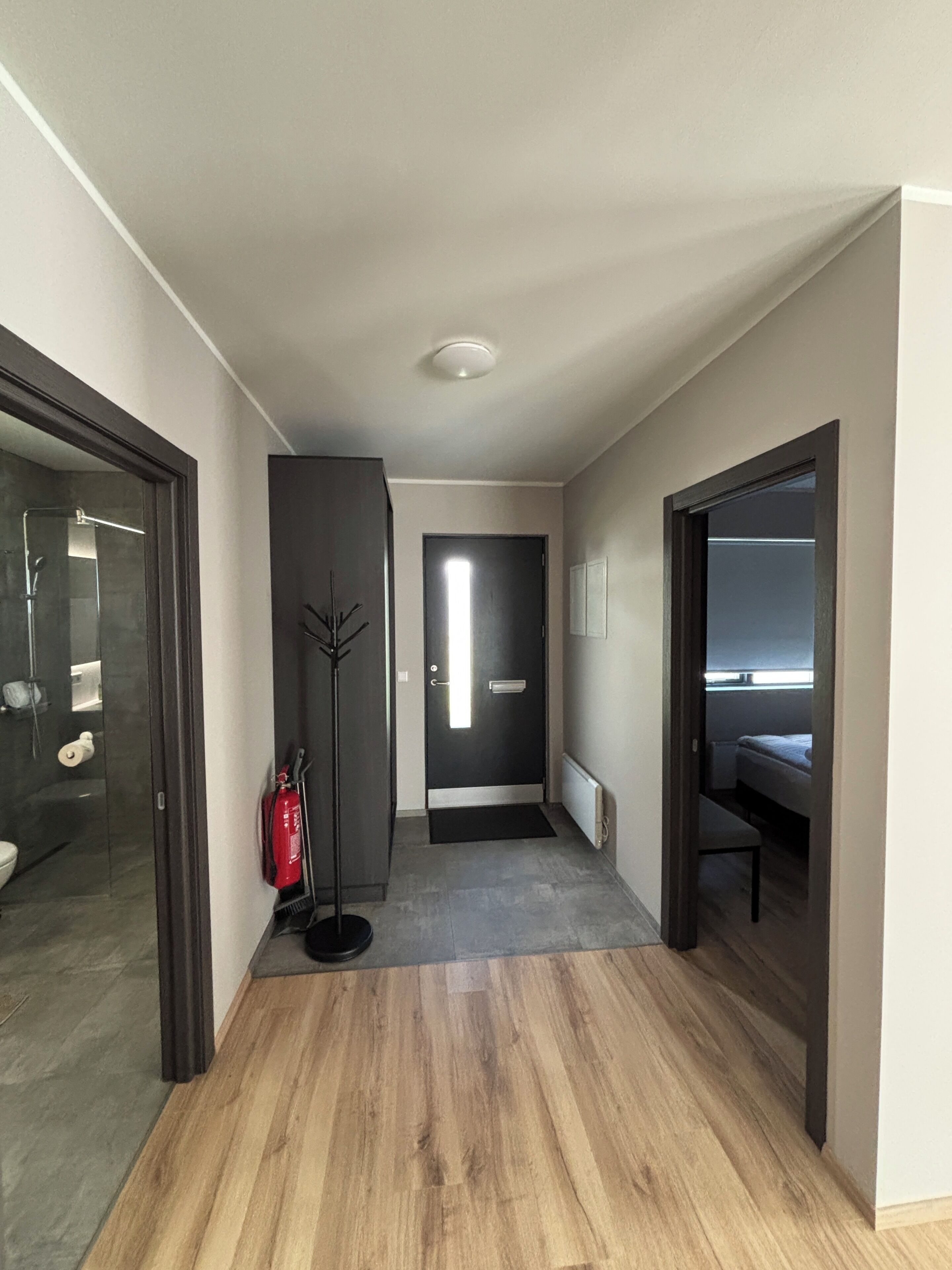 A hallway with a wooden floor, a black door, a fire extinguisher, and a radiator.