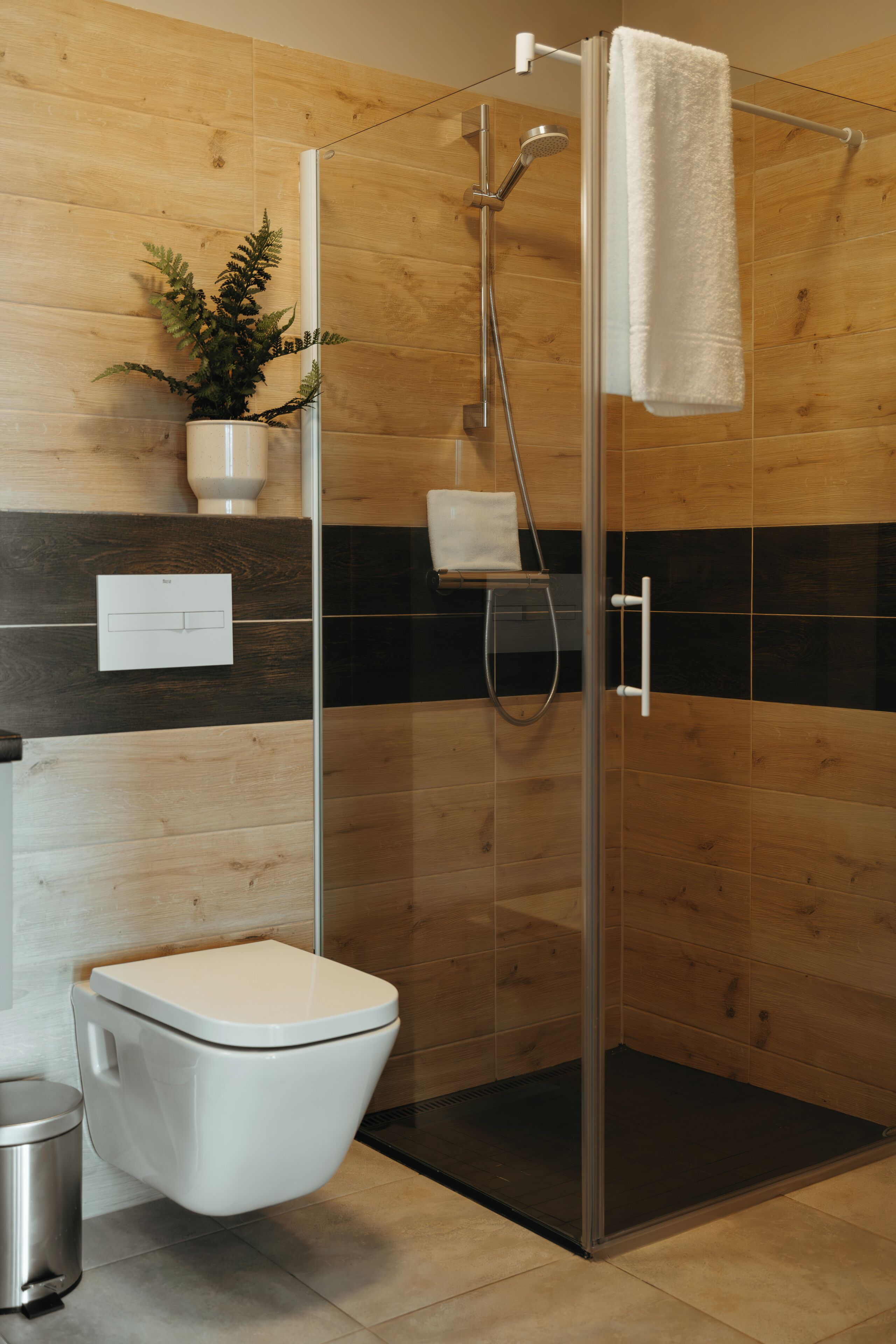 A modern bathroom with a glass-enclosed shower, a toilet, and a potted plant.