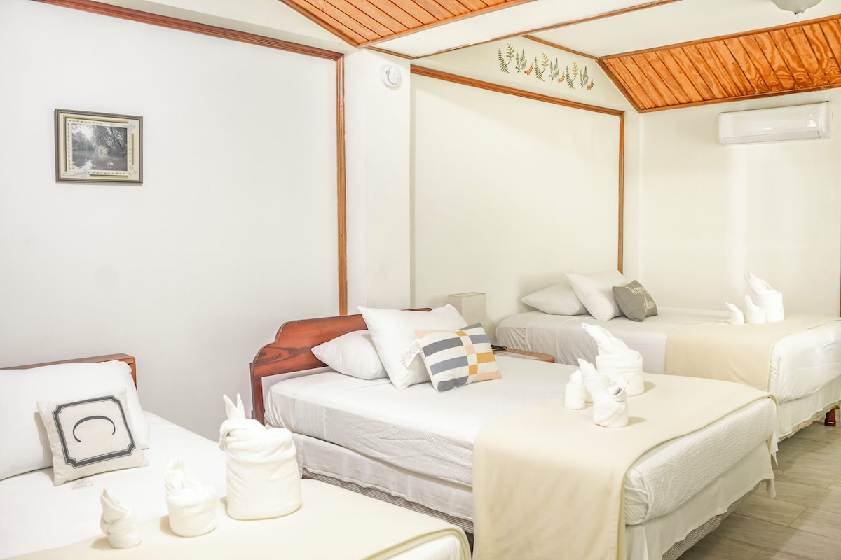 A hotel room with two beds, a wooden ceiling, a framed picture on the wall, and a white air conditioning unit.