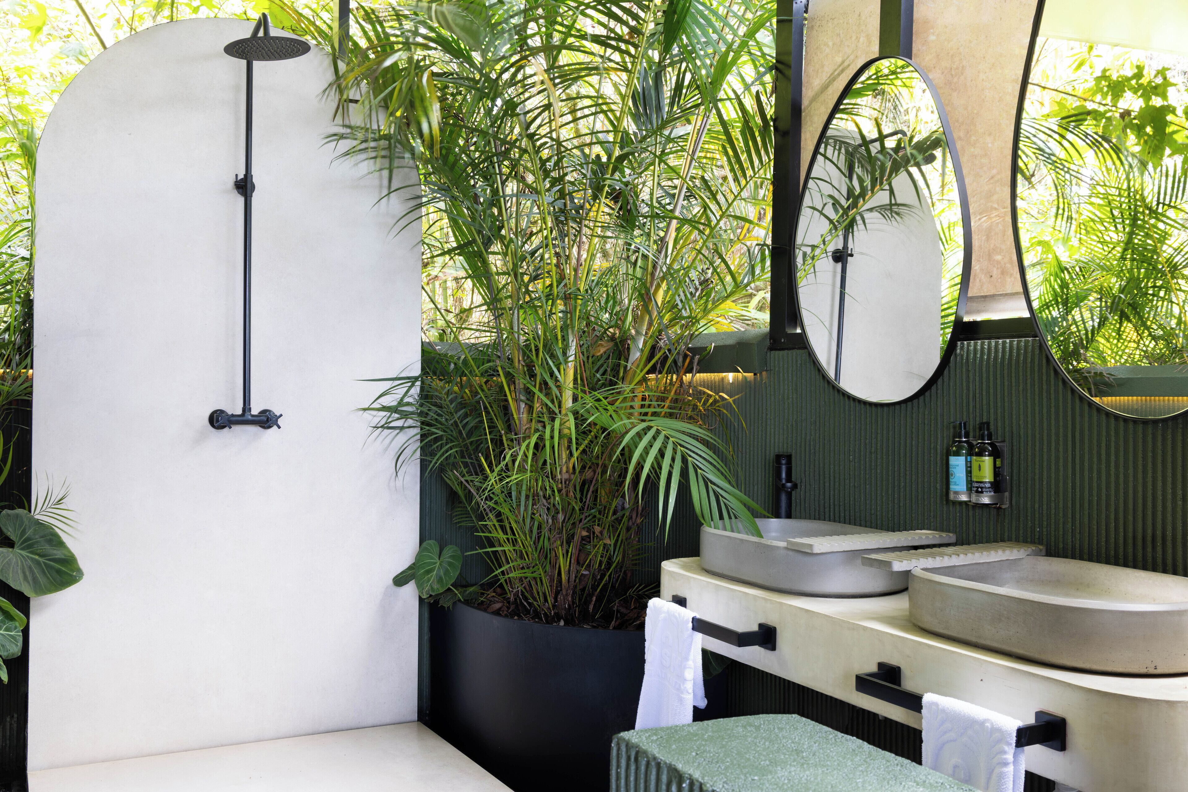 Shower, hydromassage showerhead, designer toiletries, hair dryer
