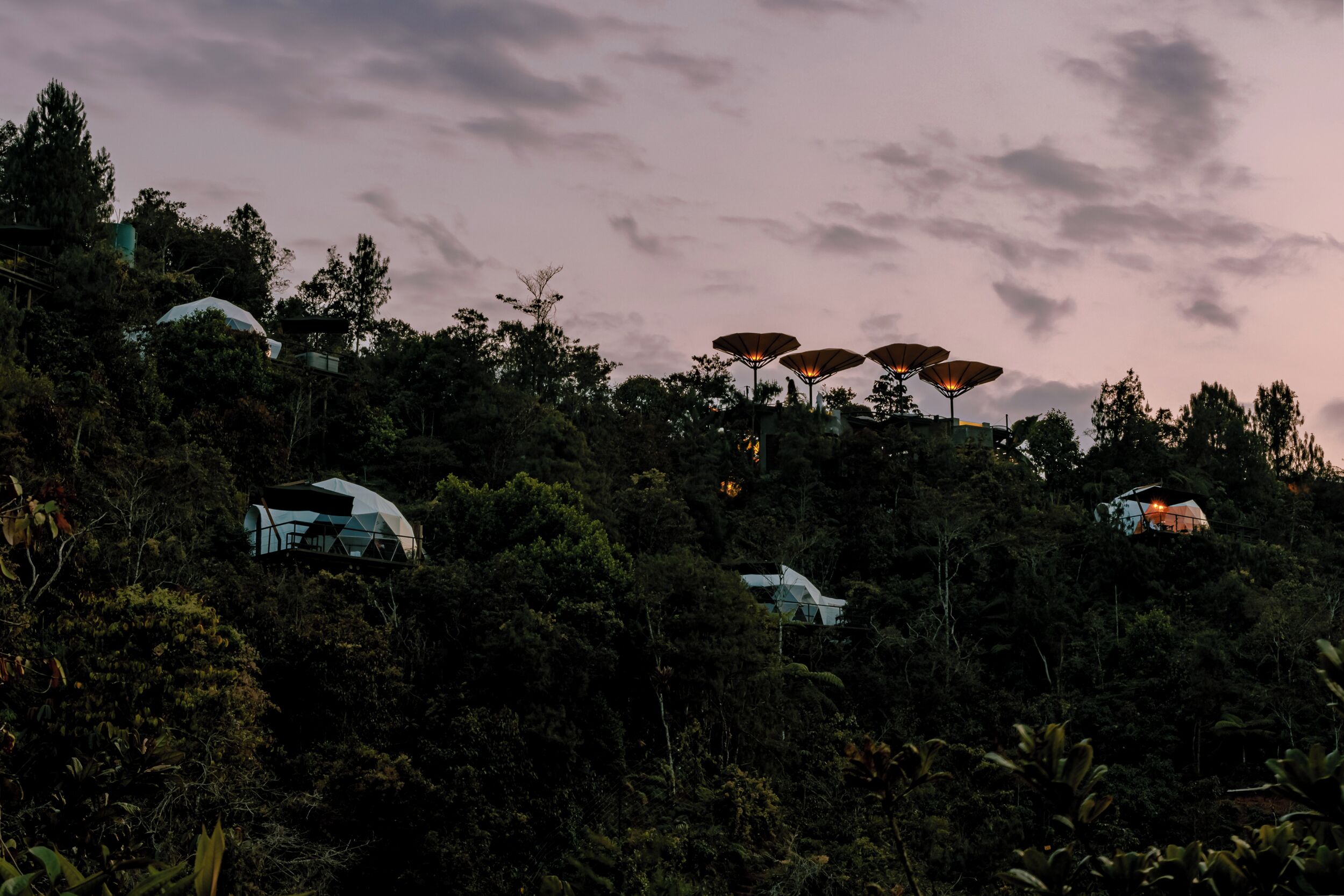 A hillside with multiple dome-shaped buildings, some with attached structures, surrounded by dense foliage.