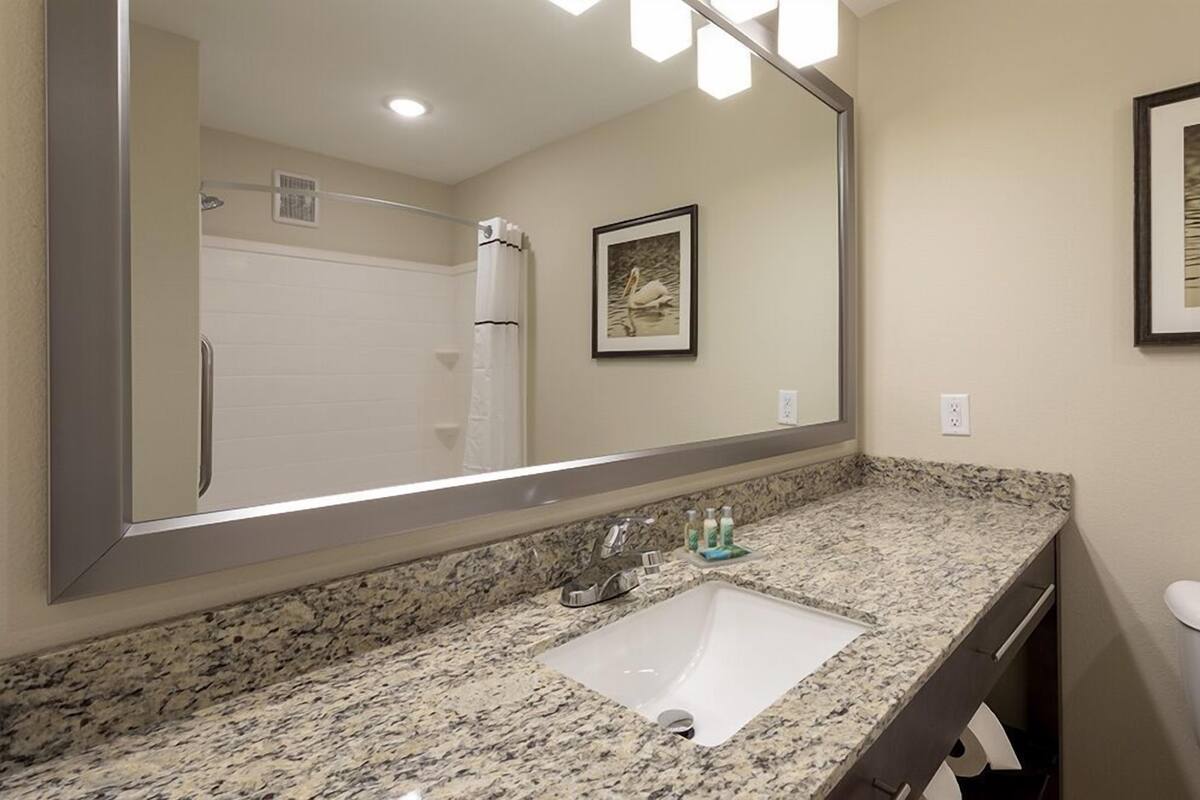 A bathroom with a granite countertop, a white sink, a large mirror, and a framed picture on the wall.