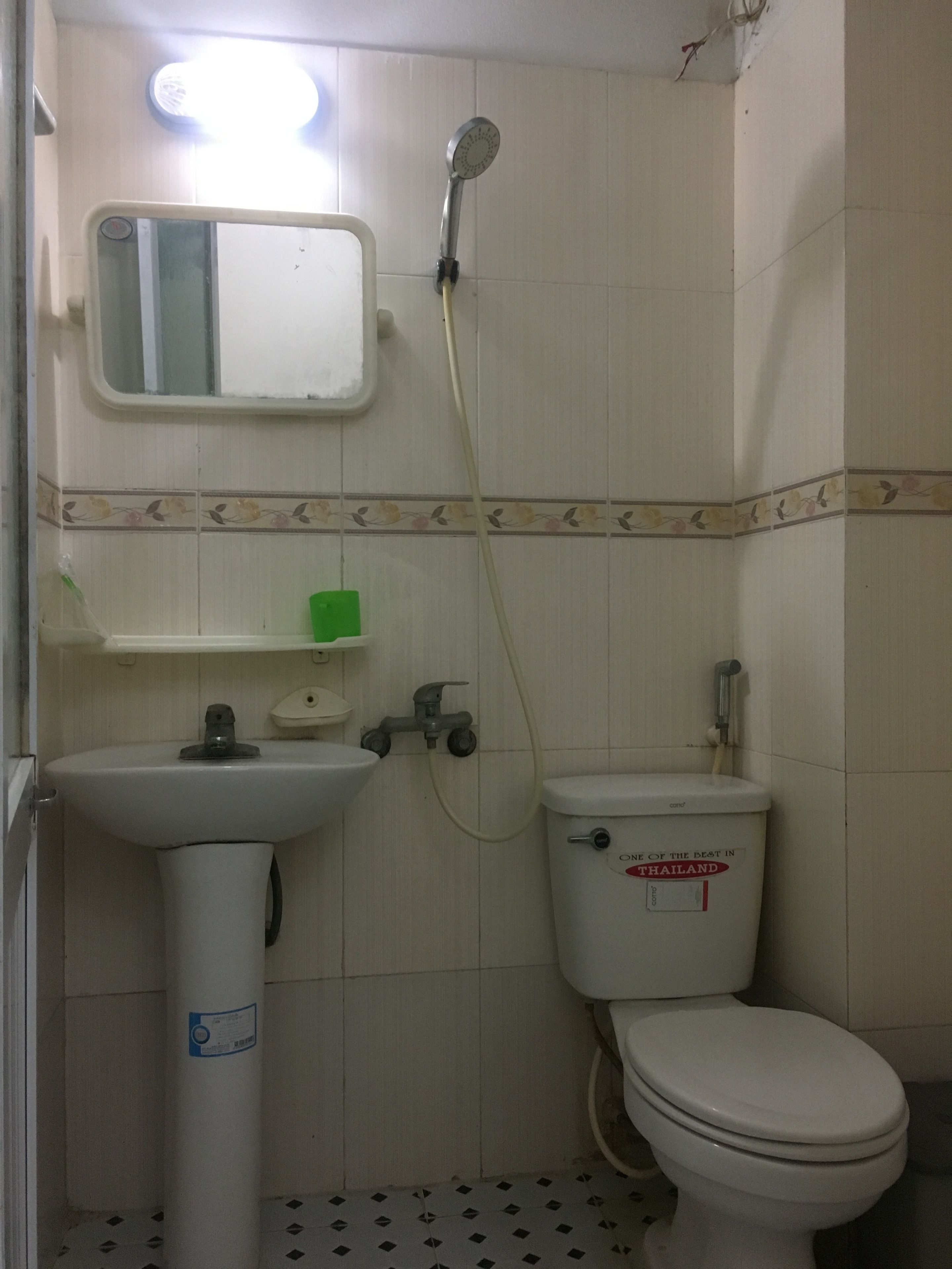 Un baño con inodoro, lavamanos y ducha.