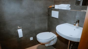 Un bagno con WC, lavandino, porta asciugamani e specchio.