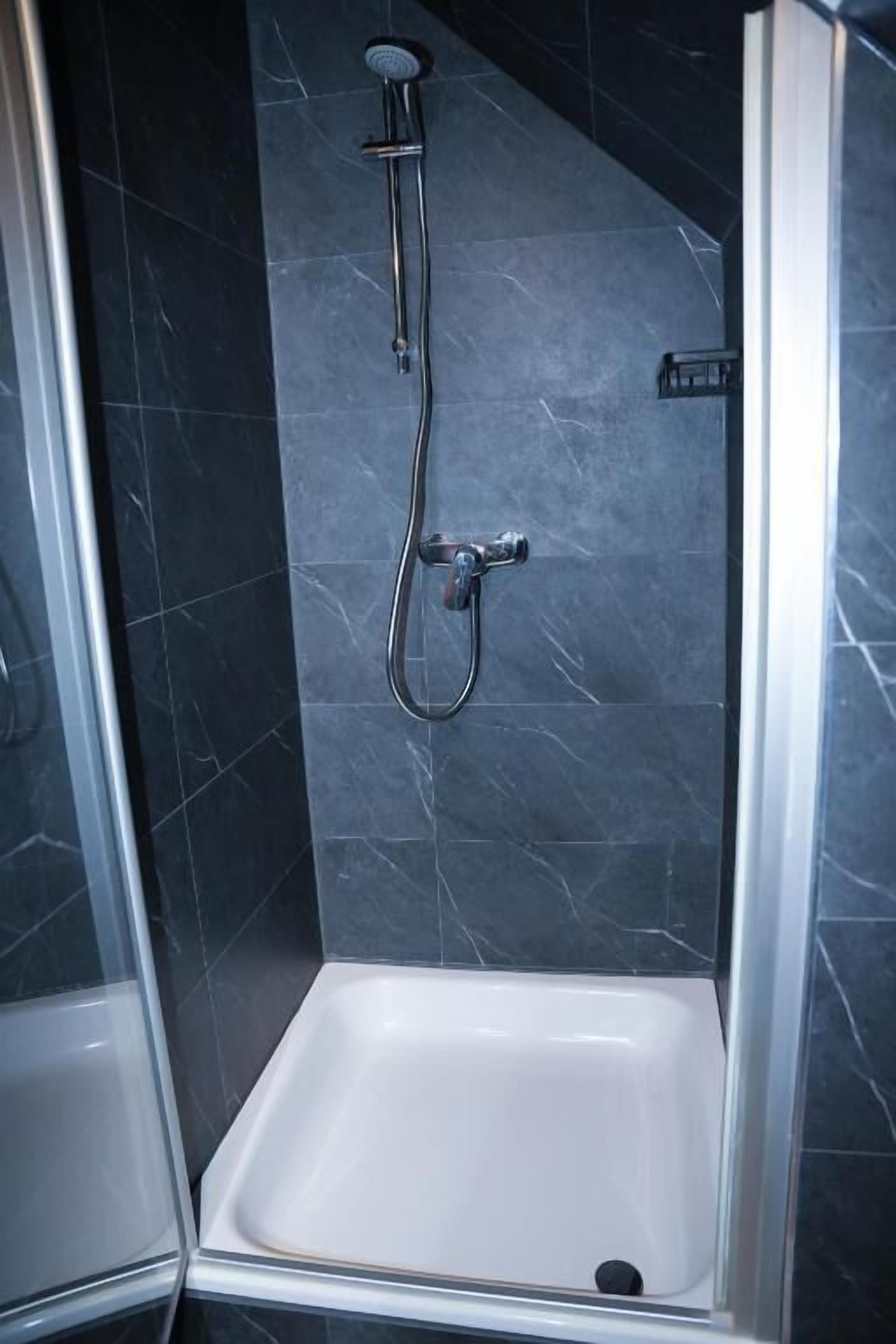 A shower with a handheld showerhead and a wall-mounted faucet in a room with dark tiled walls.