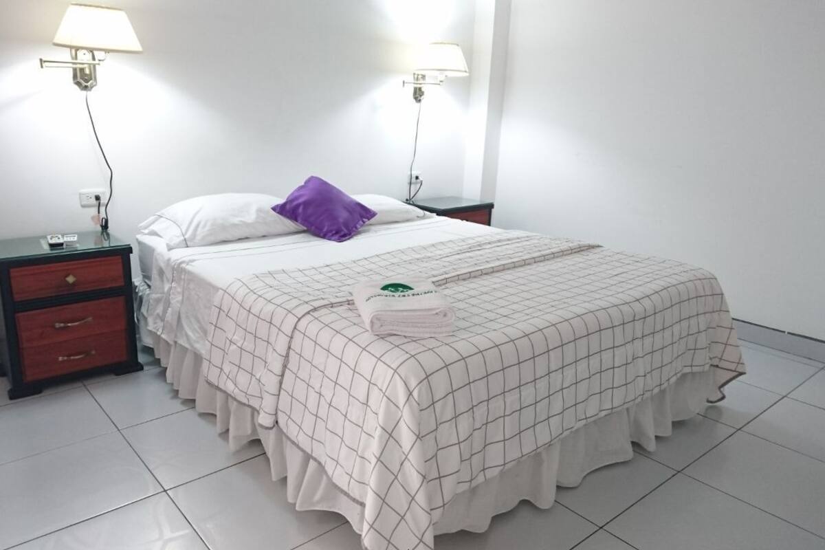 A neatly made bed with a checkered bedspread, two bedside lamps, a nightstand with drawers, and a purple pillow.