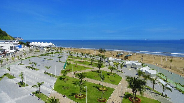 Un hotel frente al mar con estacionamiento, palmeras y vistas a la playa.