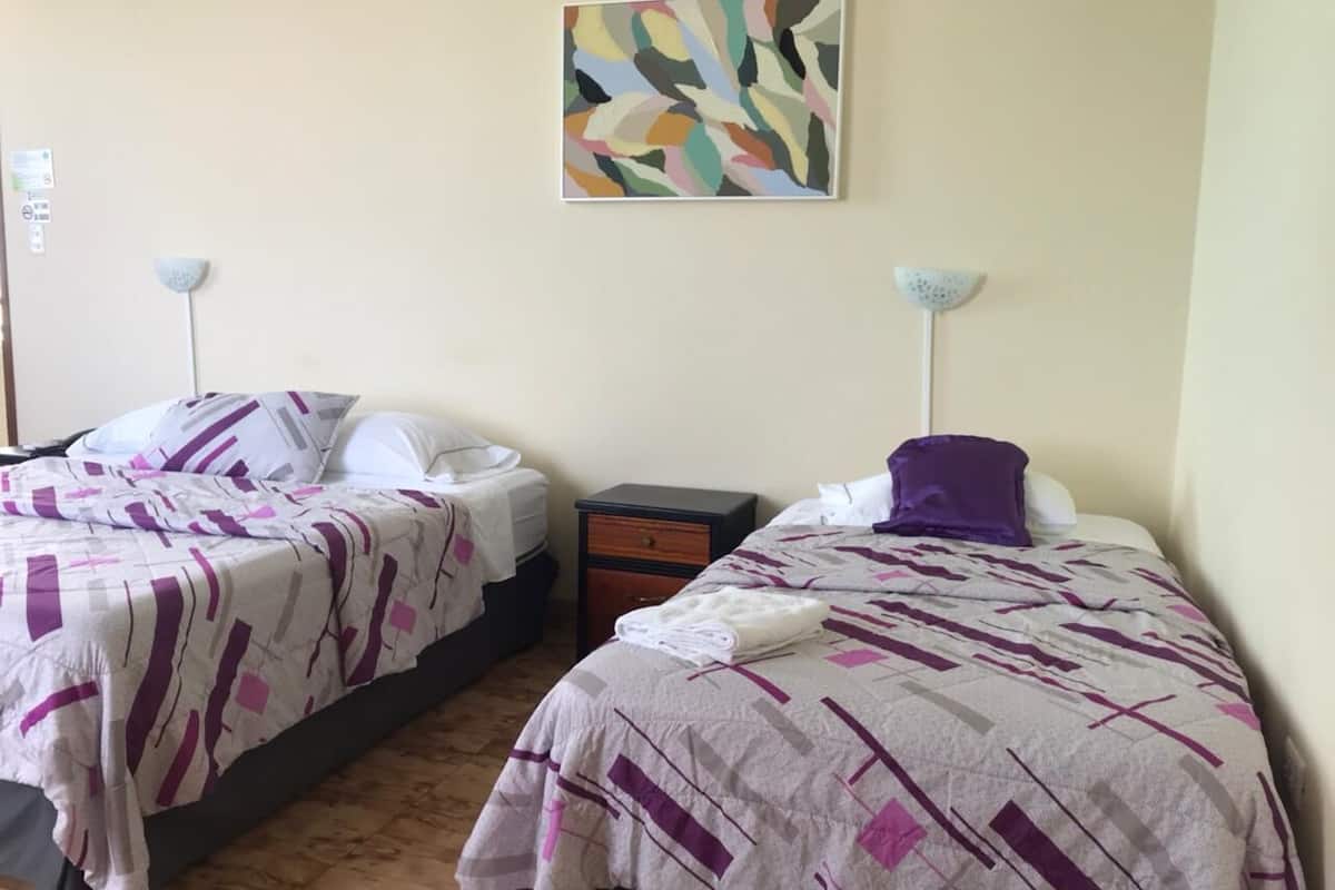 Two single beds with patterned bedding, a small bedside table, a nightstand, and a wall-mounted abstract painting.