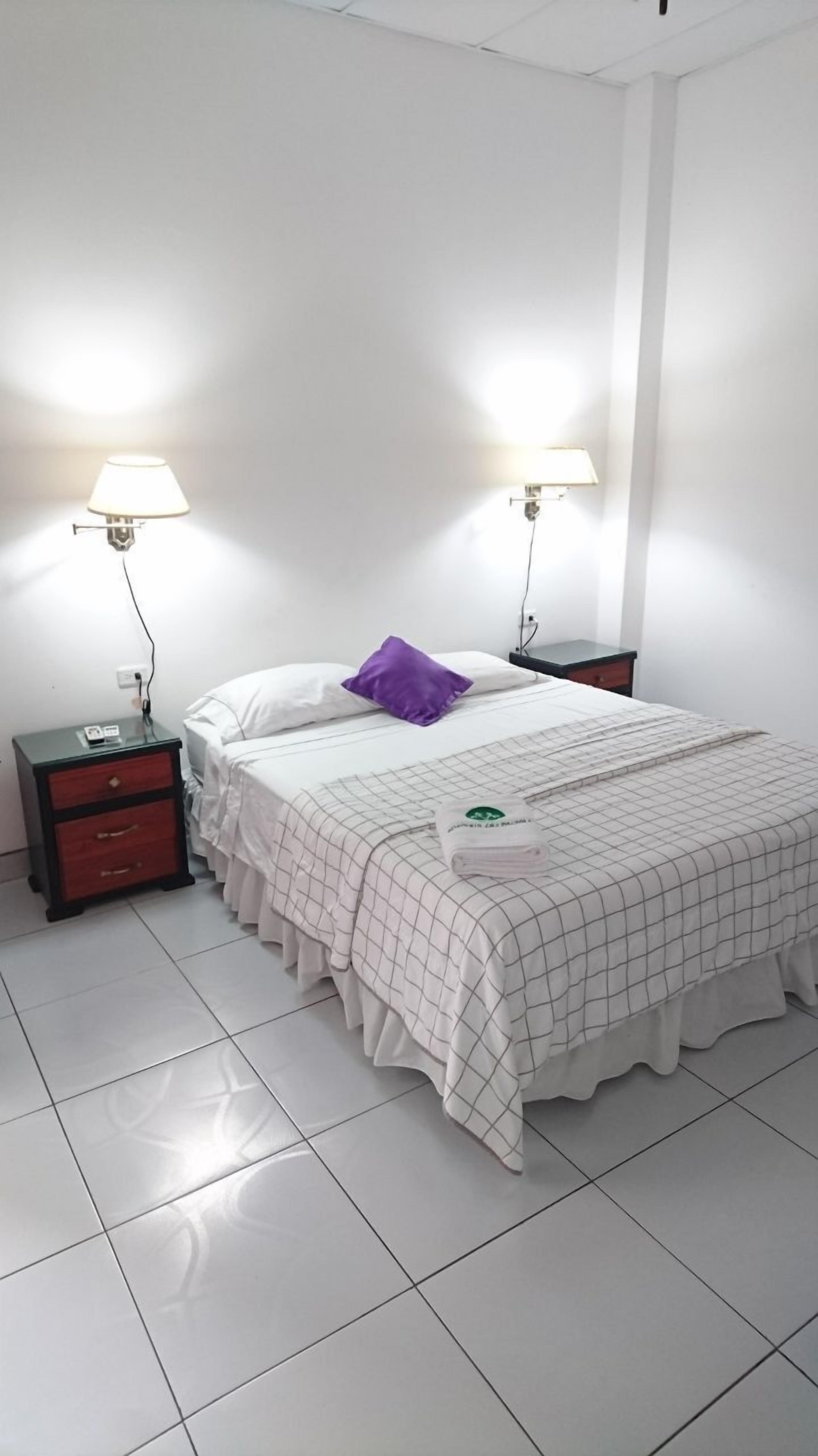 Ein Schlafzimmer mit einem Bett, zwei Nachttischen, zwei Wandlampen und einer Ablagefläche.