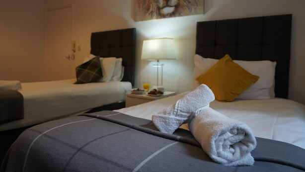 Une chambre d’hôtel avec deux lits, un tableau représentant un lion, une table de chevet avec une lampe et une serviette enroulée posée sur le lit.