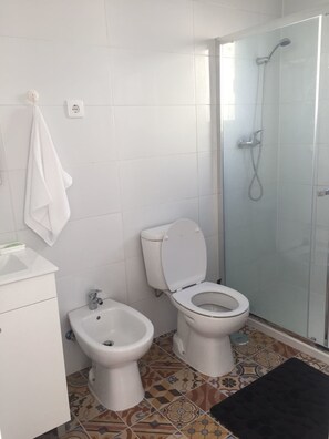 Chuveiro, secador de cabelo, toalhas de banho 