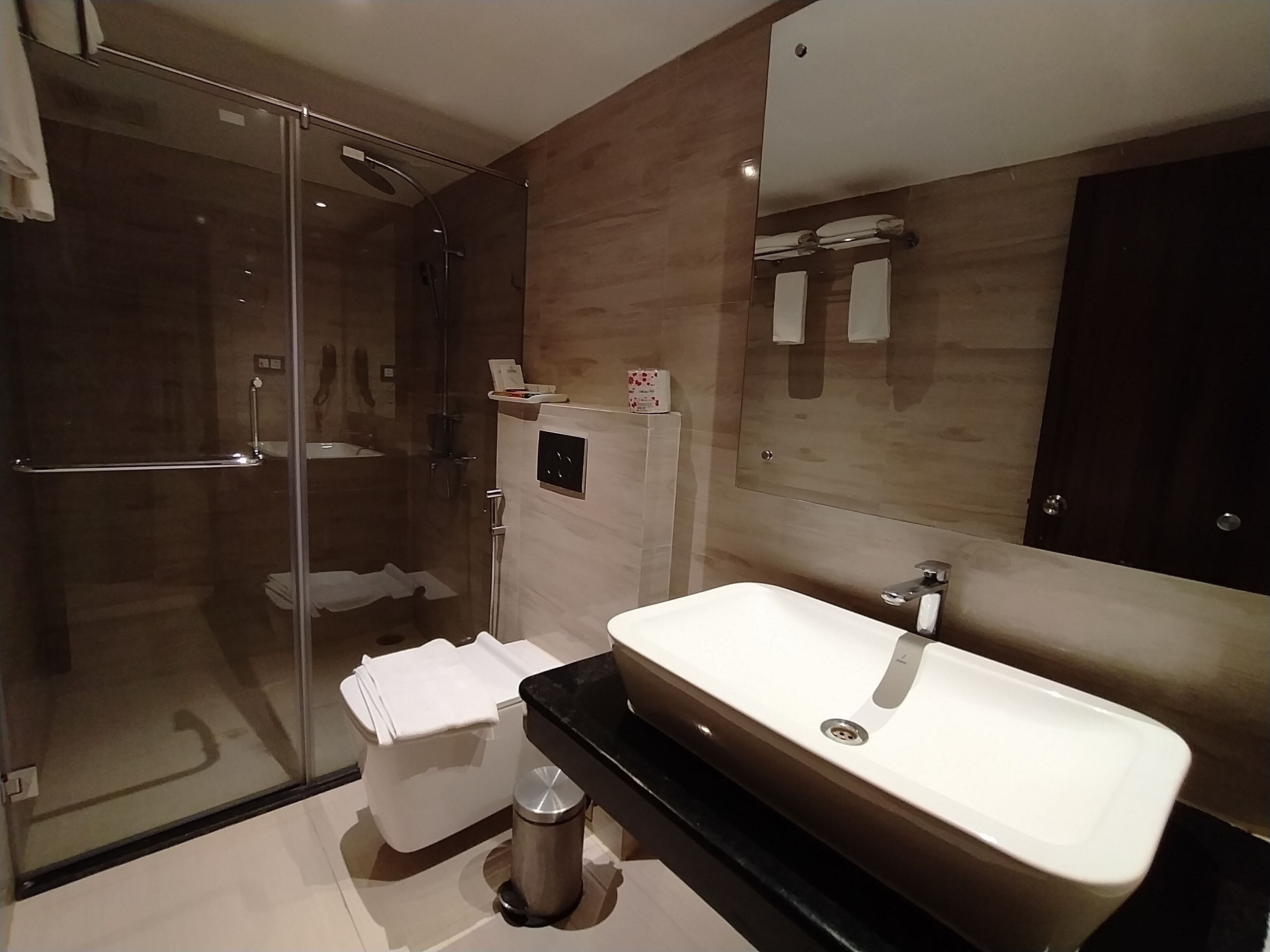 A modern bathroom with a glass-enclosed shower, a white toilet, and a large sink with a mirror above.