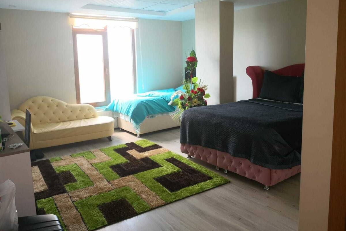 Une chambre à coucher avec un lit, un canapé, un bureau et une fenêtre.