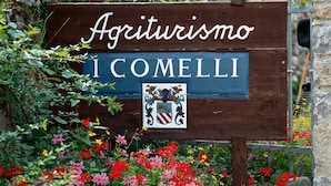 A wooden sign with the text "Agriturismo I COMELLI" and a coat of arms. - Agriturismo I Comelli (Nimis)