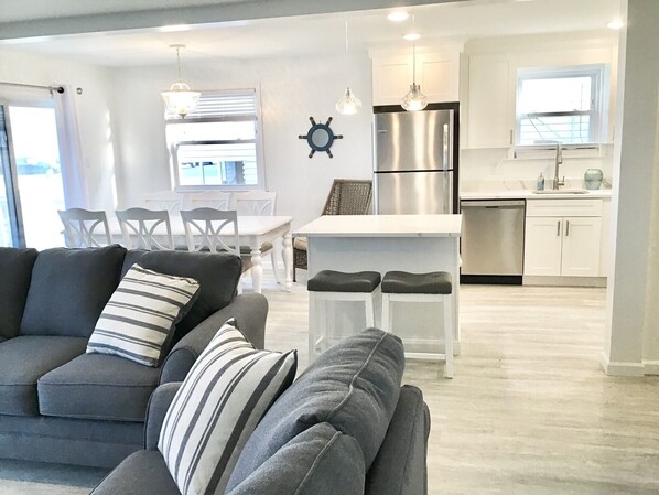 Smart TV, fireplace, video games, DVD player