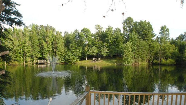 A wooden deck overlooking a calm lake with a wooden dock extending into the water.
