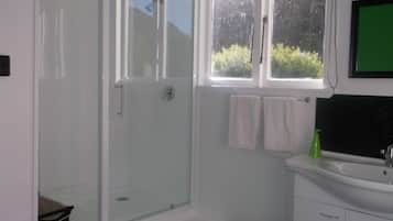Hair dryer, towels, shampoo, toilet paper