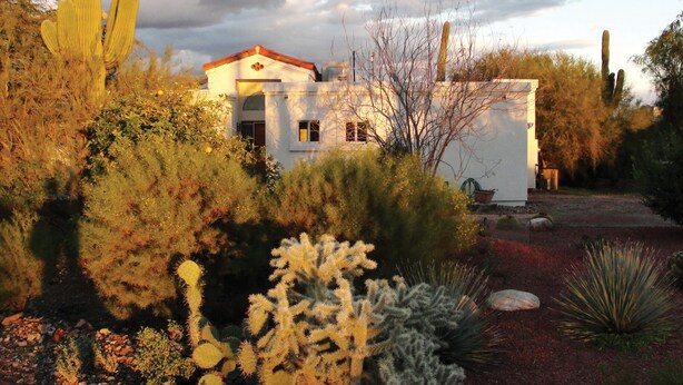 A white building with a red roof, surrounded by various cacti and desert plants.