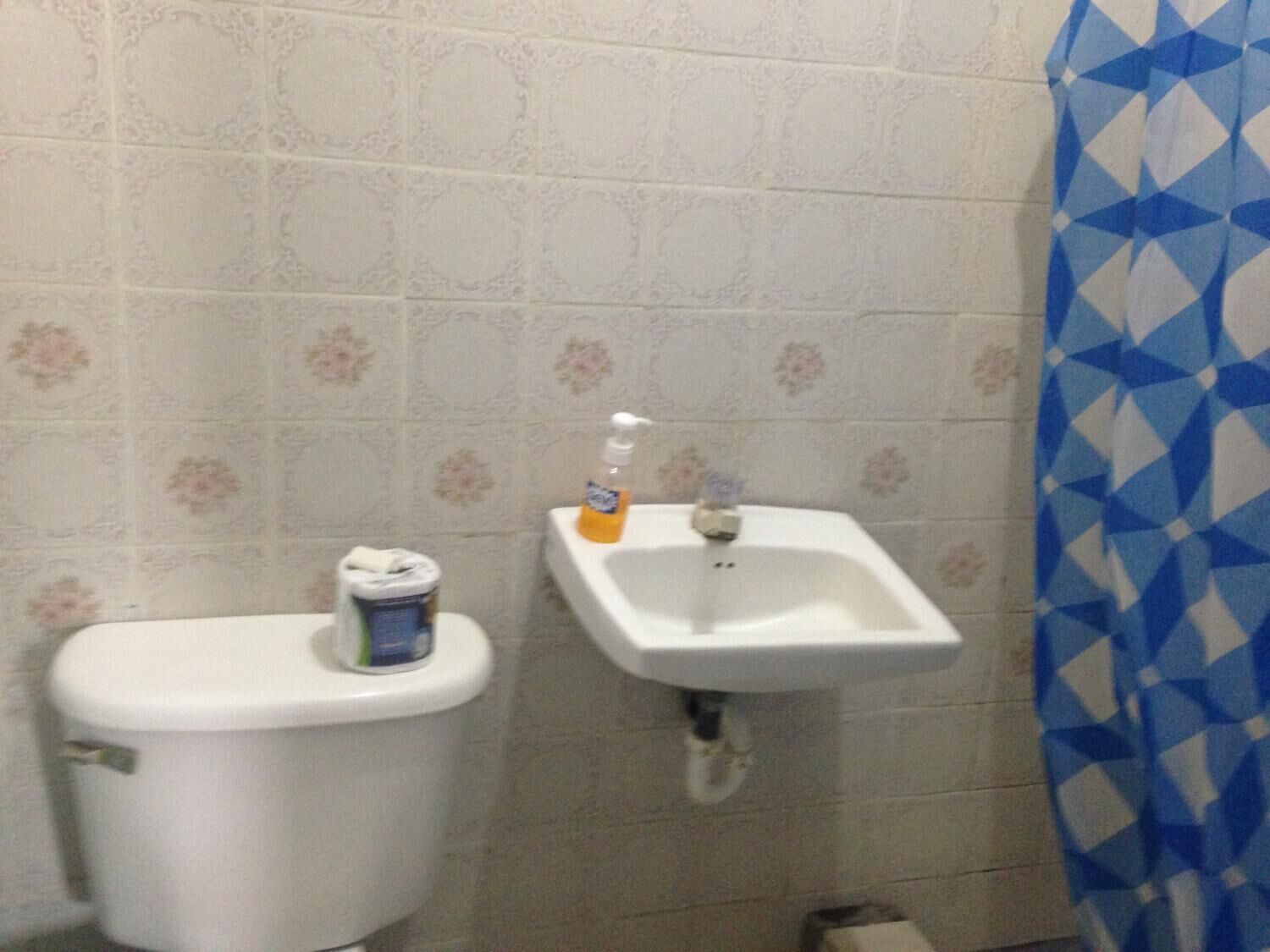 A bathroom with a toilet, a sink, and a shower curtain.