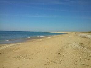 Une vaste plage de sable fin, avec des vagues douces, un ciel dégagé et une terre lointaine à l’horizon.