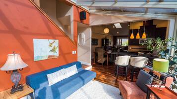 Televisio, takka, DVD-soitin, kirjoja