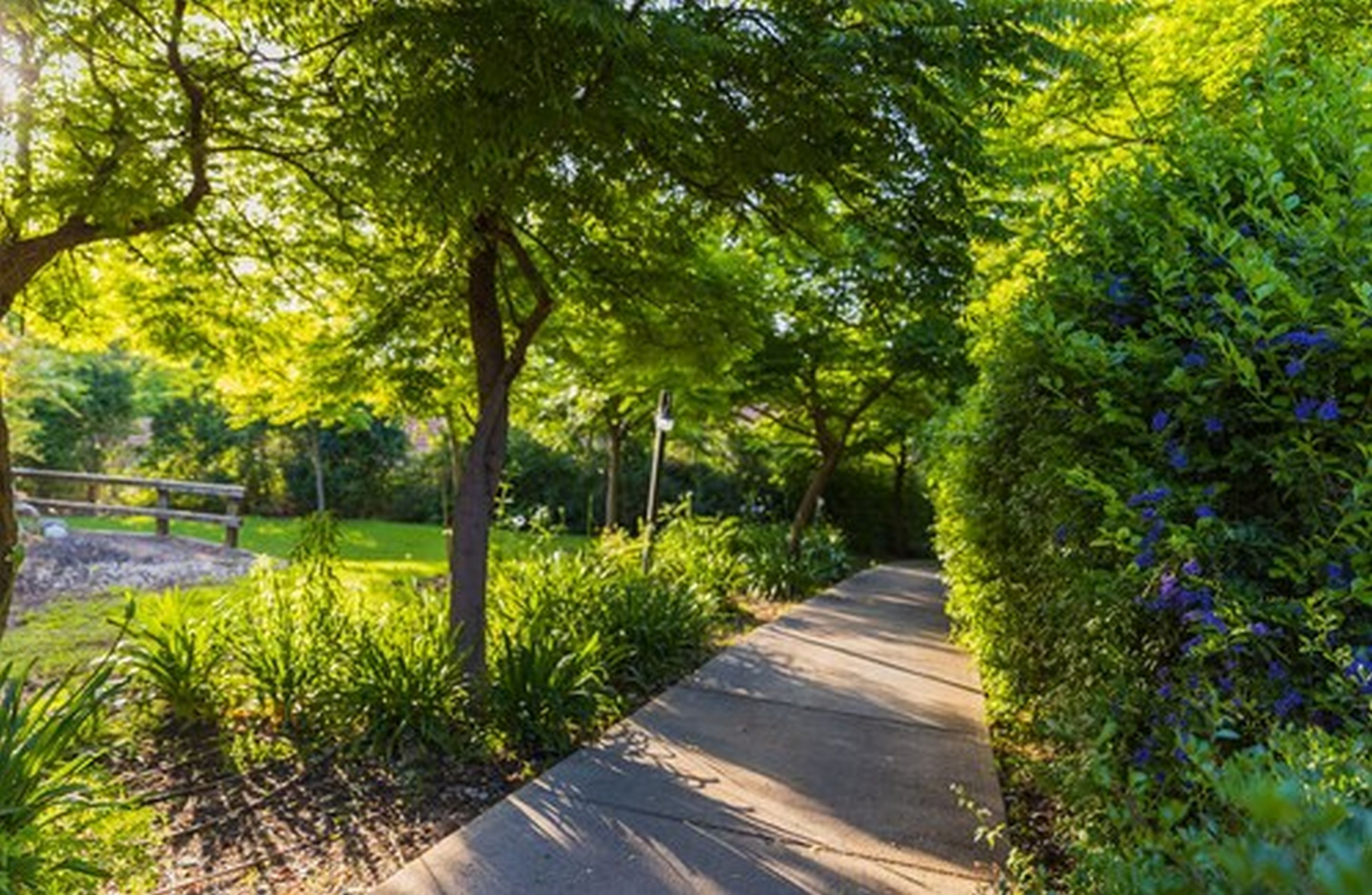 Een verhard pad in een park, met bomen en struiken aan weerszijden.