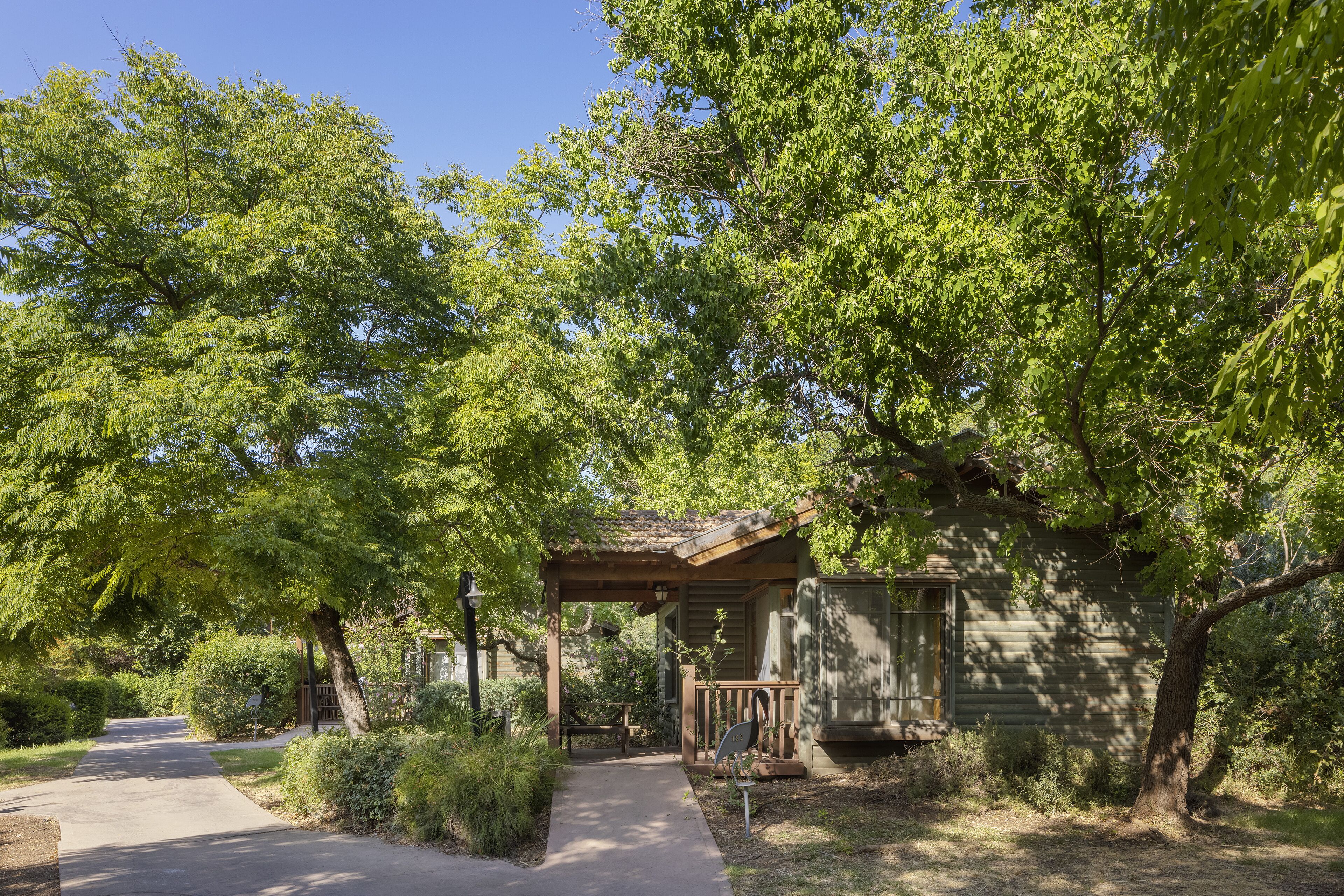 A rustic cabin with a porch, surrounded by lush greenery and trees.