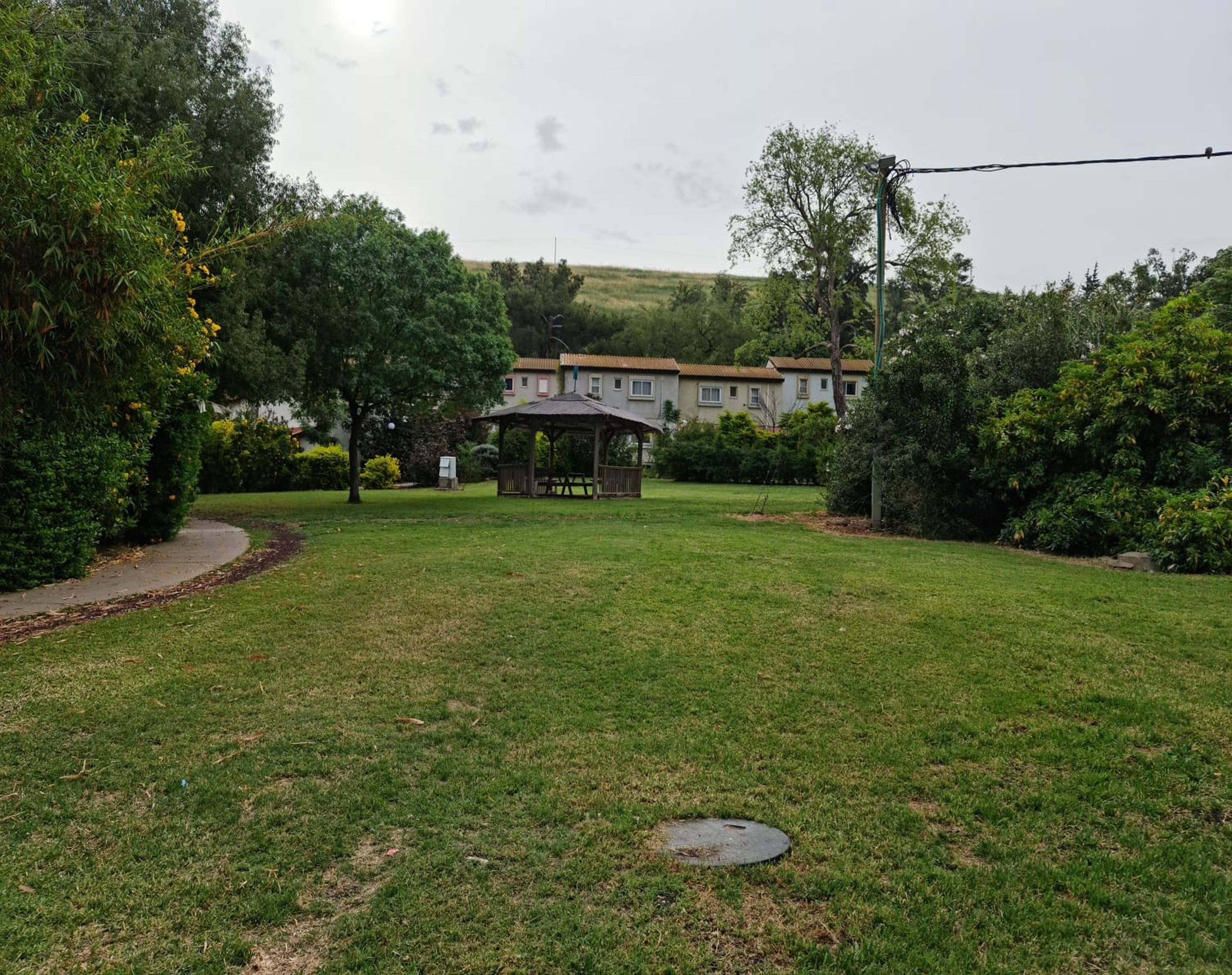 A grassy backyard with a gazebo, a pathway, and a row of houses in the background.
