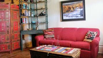 Een flatscreentelevisie, boeken, een muziekbibliotheek en een stereo