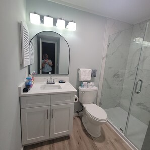 Combined shower/bathtub, hair dryer, towels, soap