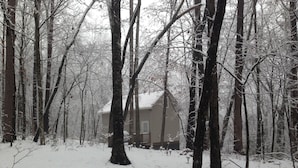 Una cabana encoberta de neu, envoltada d'arbres.