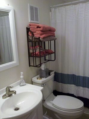 Combined shower/bathtub, towels, soap, toilet paper