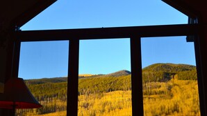 Une pièce dotée d’une grande fenêtre donnant sur un paysage boisé.