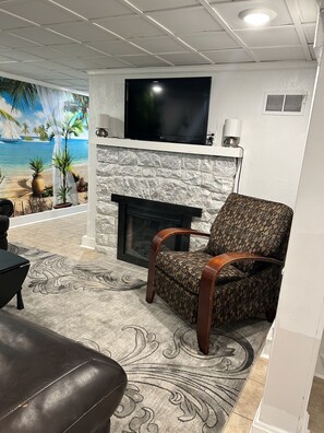 Smart TV, fireplace, books