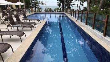 Indoor pool, outdoor pool, pool umbrellas, sun loungers
