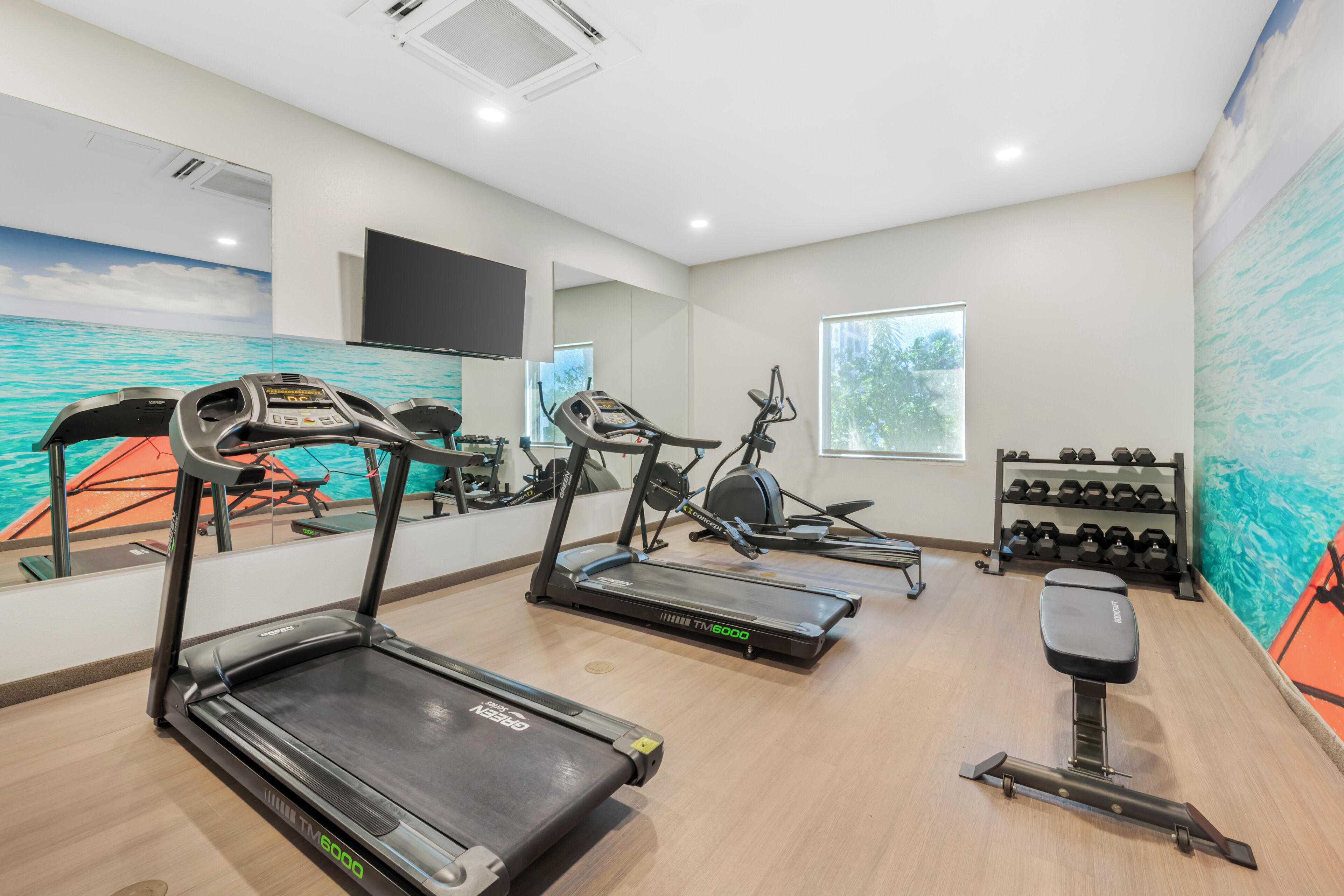 A gym with treadmills, an elliptical, and a rowing machine.