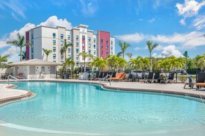 Outdoor pool, pool umbrellas, pool loungers