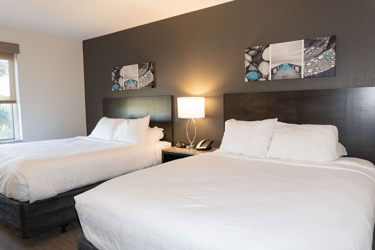 Een hotelkamer met twee bedden, een nachtkastje met een lamp en kunst aan de wanden.