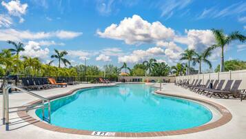 Outdoor pool, pool umbrellas, pool loungers