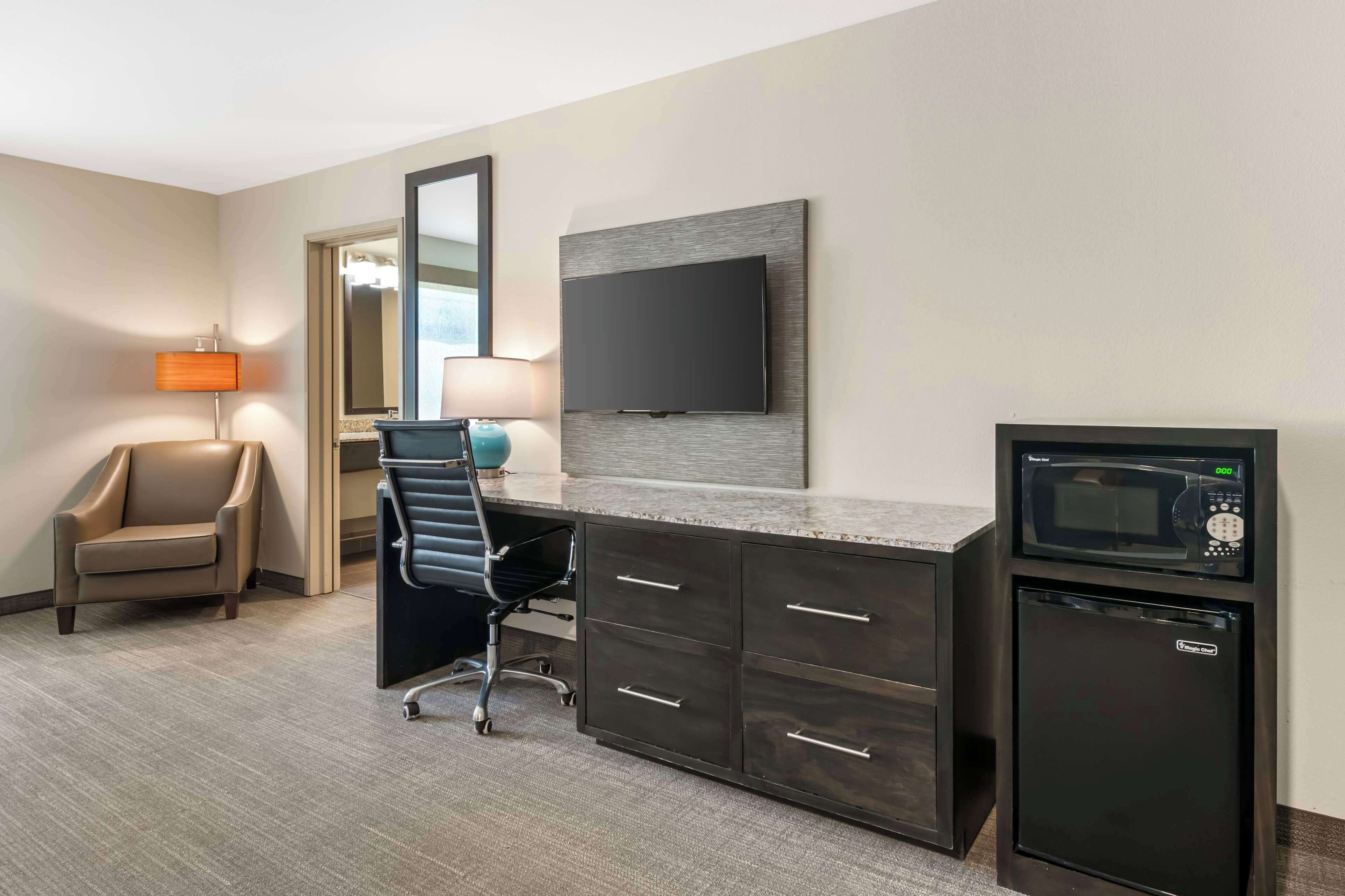 premium bedding, desk, laptop workspace, blackout curtains