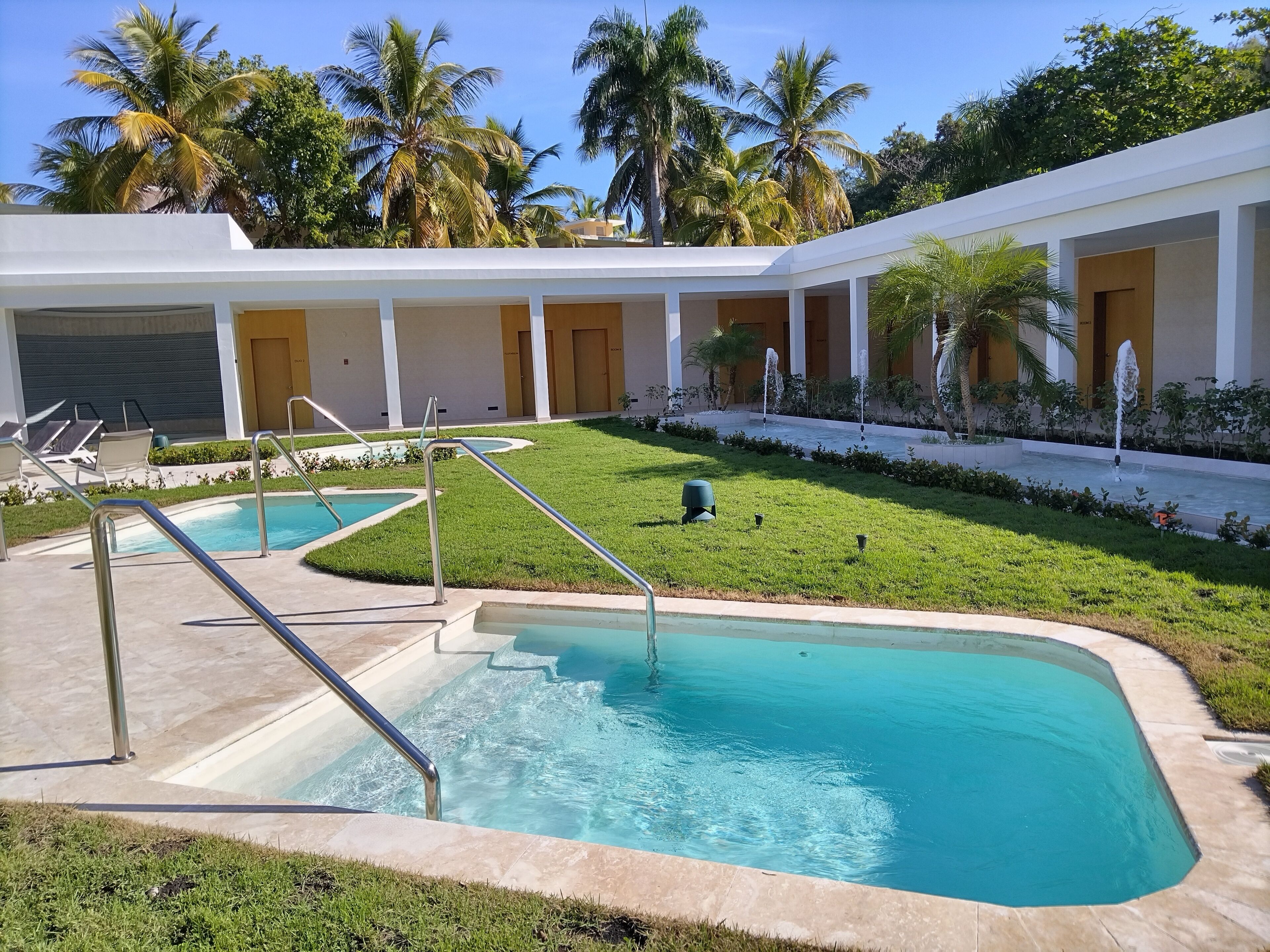 A swimming pool with a grassy area and palm trees in the background.