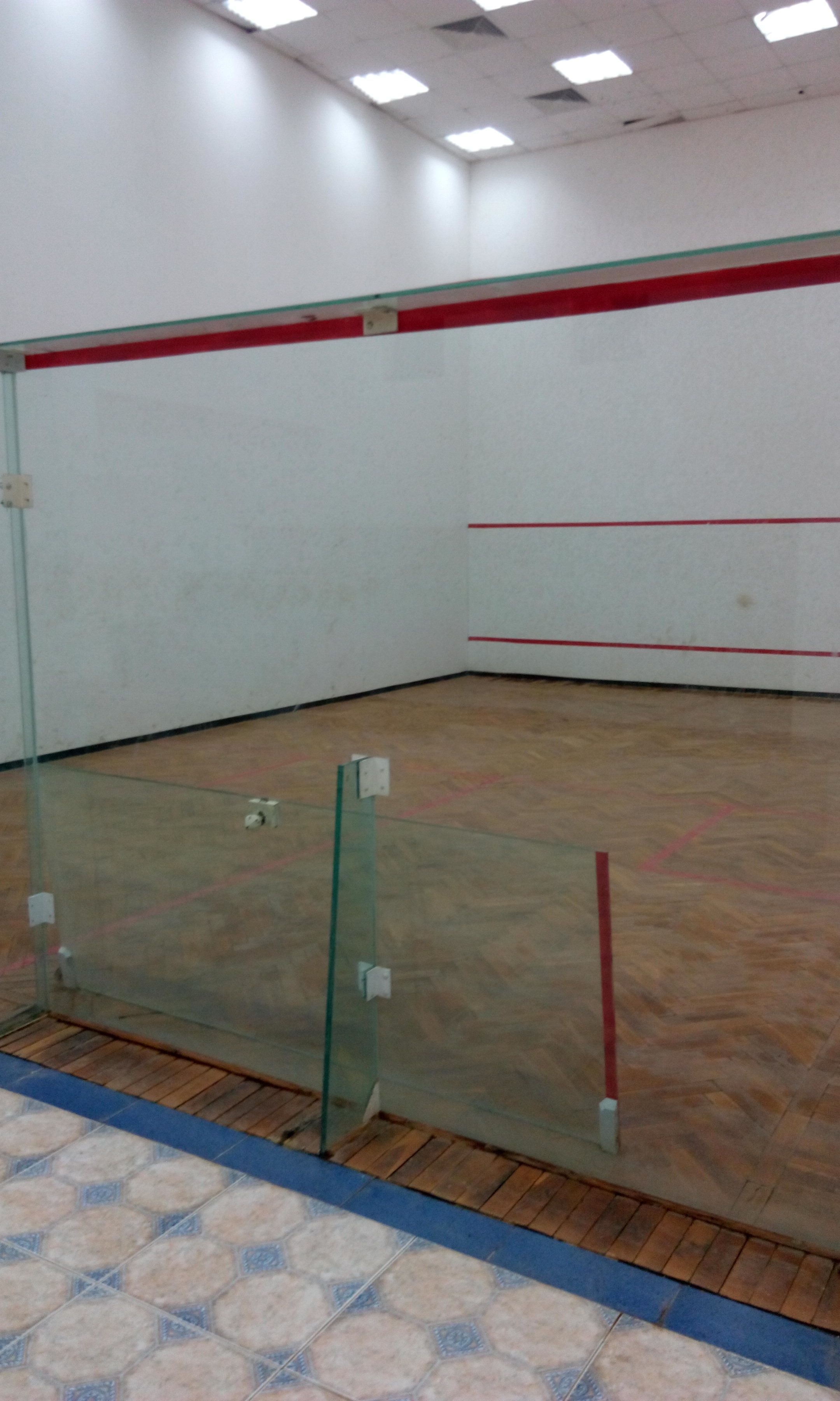 A squash court with glass doors, wooden flooring, and a red line marking the playing area.